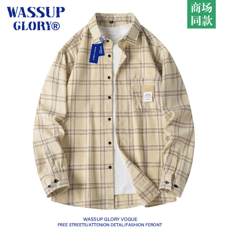 WASSUP GLORY格子衬衫男卡其色秋季潮牌宽松休闲长袖衬衣翻领外套