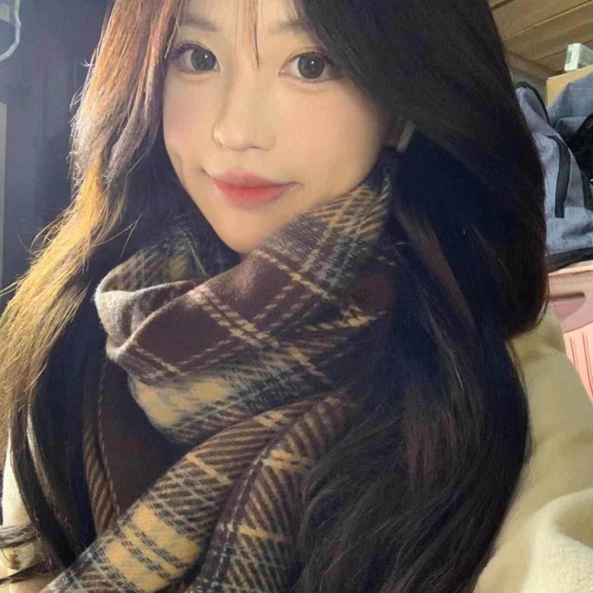 韩系氛围感蓝色格子围巾