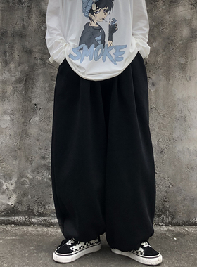 ins日系复古bf宽松抽绳束脚加绒加厚灯笼裤阔腿裤坠感直筒休闲裤