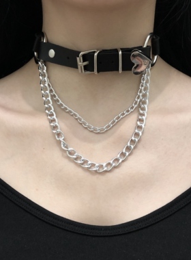 暗黑辣妹桃心皮质链条摇滚风项圈