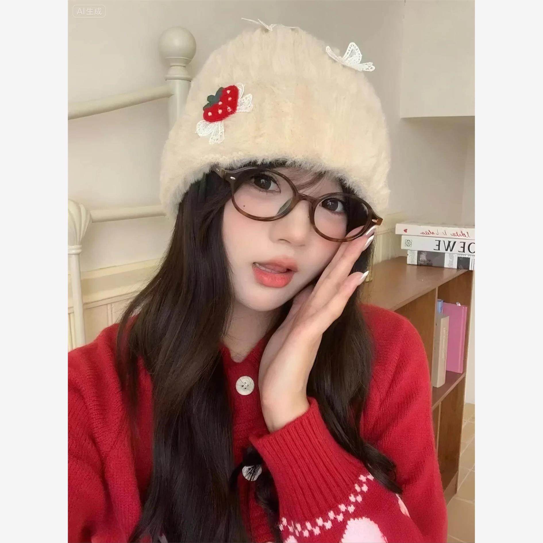 草莓蕾丝蝴蝶结针织毛线帽