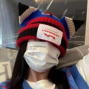 Loverboy针织情侣毛线帽保暖猪猪猫耳朵抖音网红同款冷帽可爱冬女