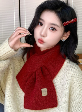 新年红交叉针织围巾女保暖百搭