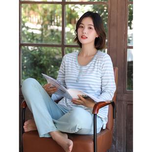 睡衣打底衫 带胸垫长袖 T恤女秋冬纯棉家居服上衣免文胸秋衣宽松版