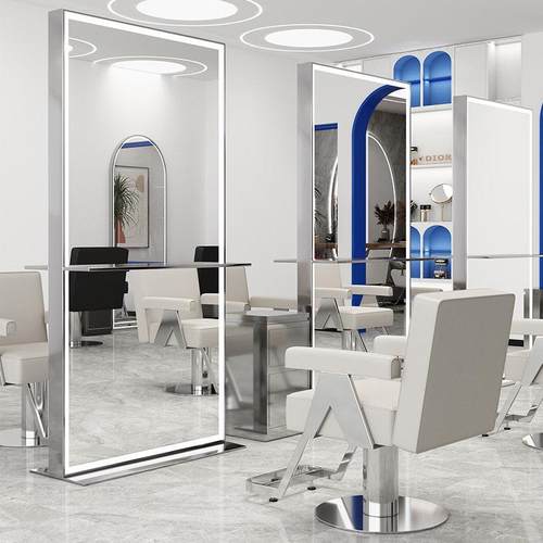 网红理发店镜台落地发廊专用带台面烫染美发店镜不锈钢单双面镜子