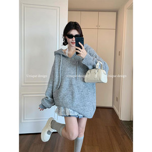Unique design 慵懒风宽松休闲毛衣针织衫套头女秋oversize连帽衫