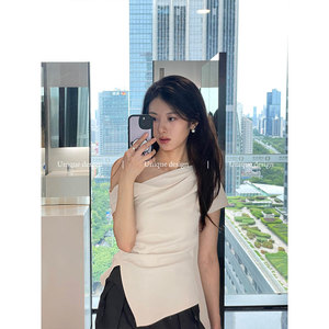 Unique design 斜领设计开叉短袖衬衫不规则高腰小众直筒阔腿裤女