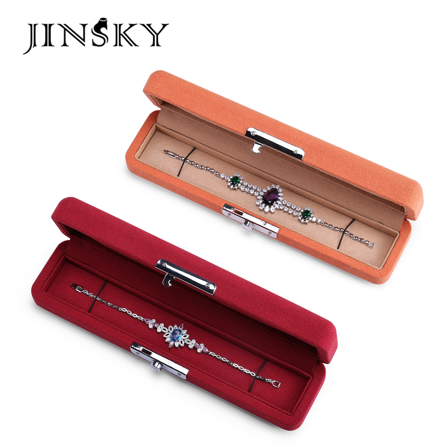 JINSKY绒布首饰盒收纳盒便携式珠宝展示架老钱风长链盒防尘饰品盒