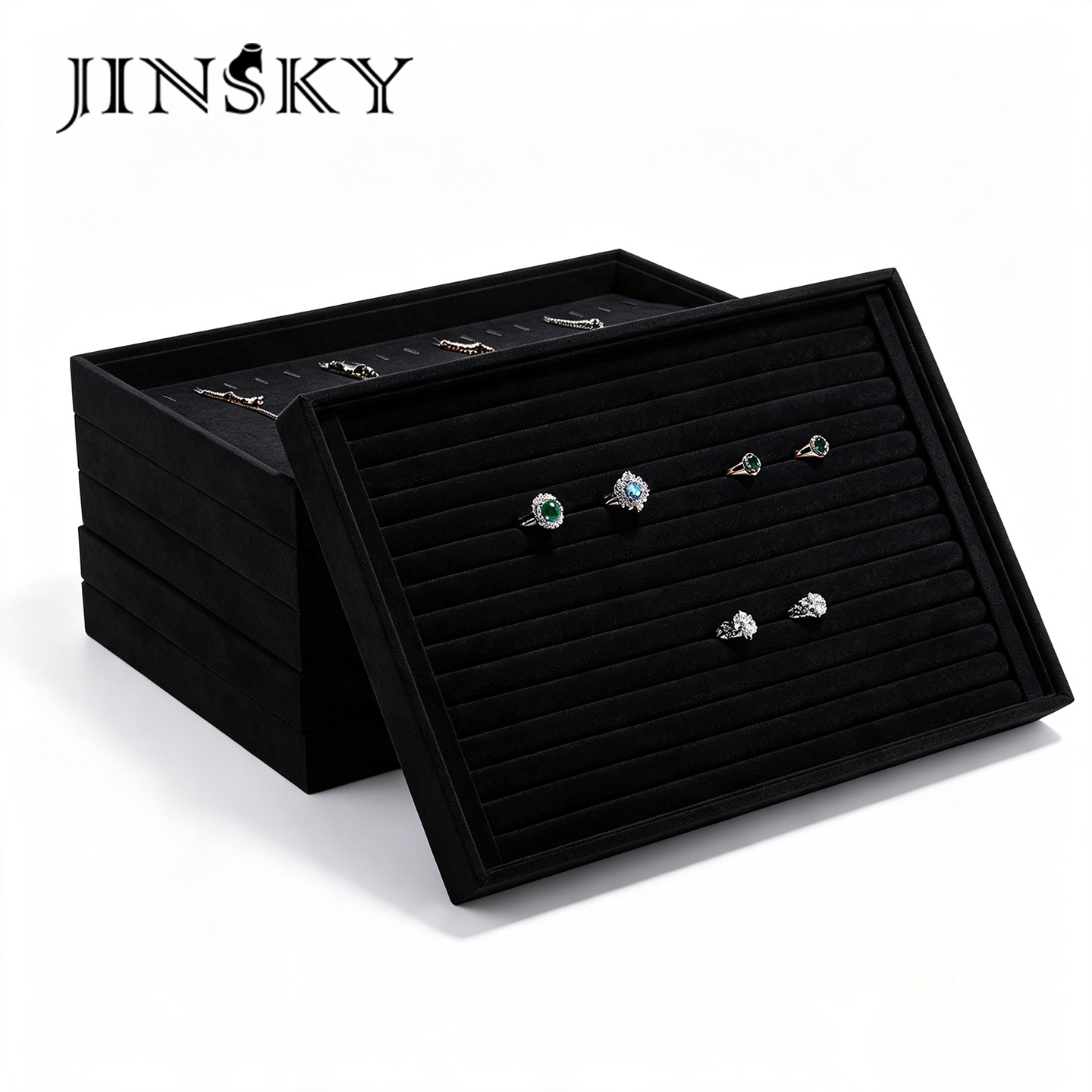 JINSKY黑色绒面首饰展示架多层分格戒指项链珠宝收纳盒家用饰品盒