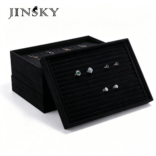 JINSKY黑色绒面首饰展示架多层分格戒指项链珠宝收纳盒家用饰品盒