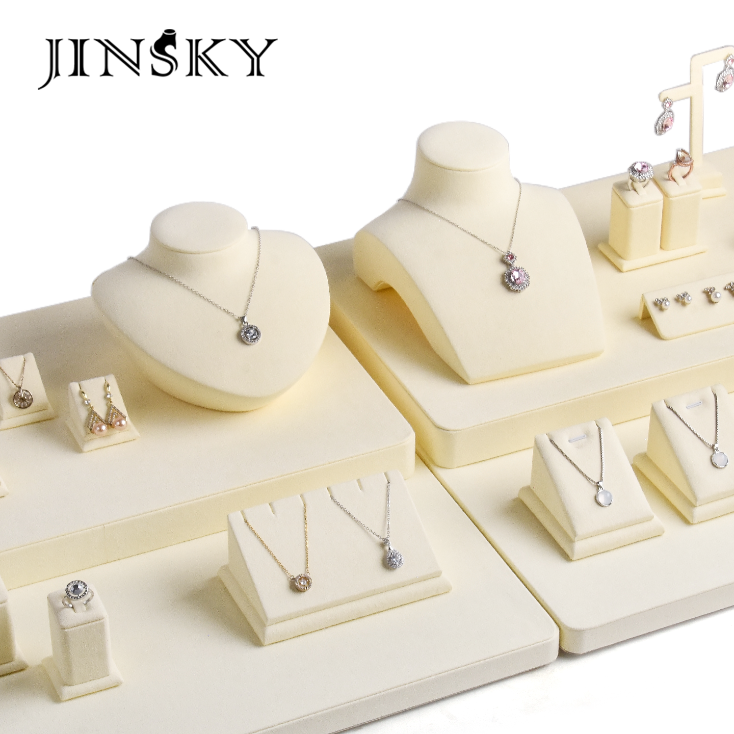 JINSKY绒面珠宝展示套装米色项链戒指耳环摆放台饰品展示架