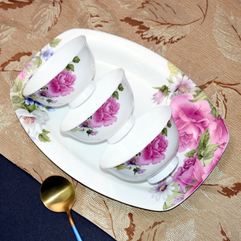 唐山骨瓷餐具经典花卉图案牡丹花纹碗家用餐厅饭碗汤碗面碗