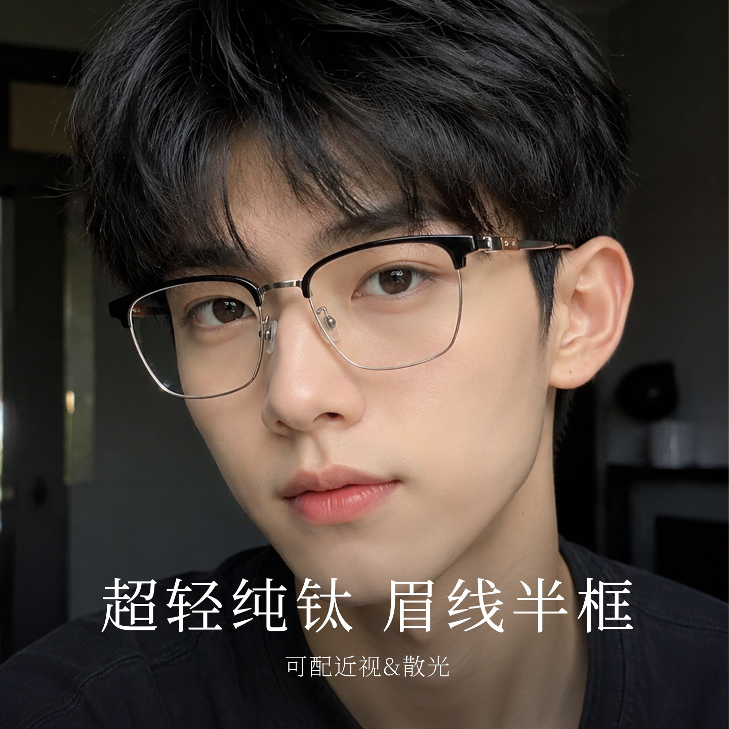 男生纯钛半框眼镜男近视可配度数镜片斯文复古方框眼睛镜框防蓝光