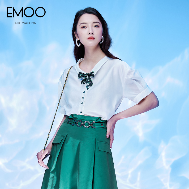 EMOO杨门短袖衬衫女白色上衣蝴蝶结绑带单排多扣衬衣休闲风通勤
