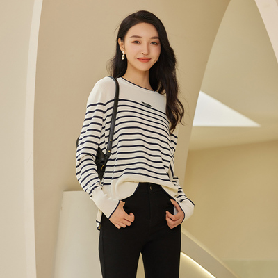 EMOO杨门海军风条纹显瘦针织衫