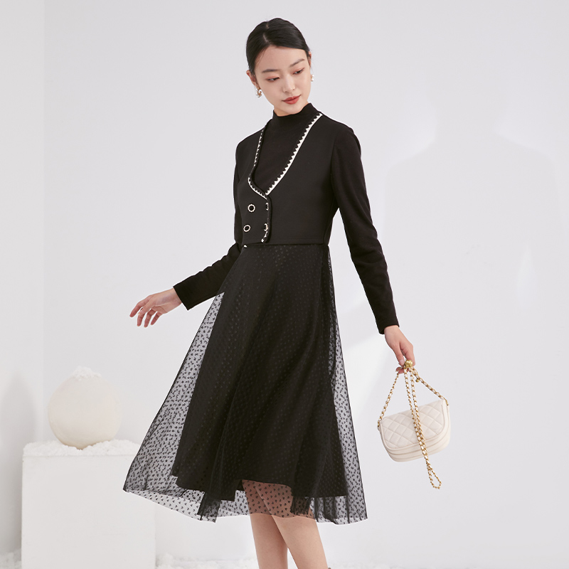 法式气质网纱连衣裙女长袖假两件