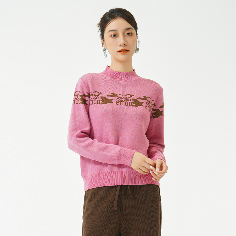 EMOO杨门淑女风粉色毛针织衫