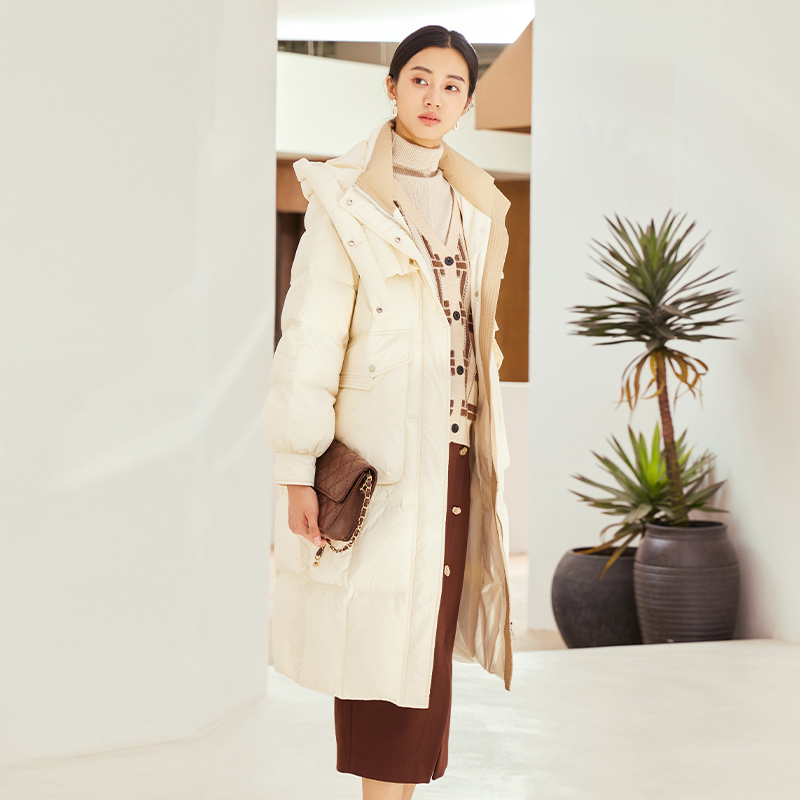 EMOO杨门淑女风连帽中长款羽绒服