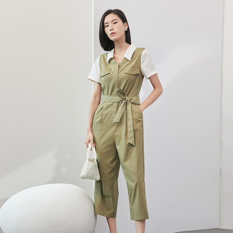 EMOO杨门2025夏季新款气质高端一体式工装连体裤女绿色连身连衣裤