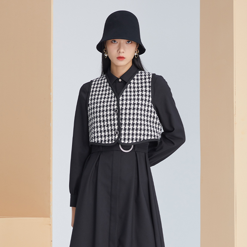 2024秋新款千鸟格马甲小香风
