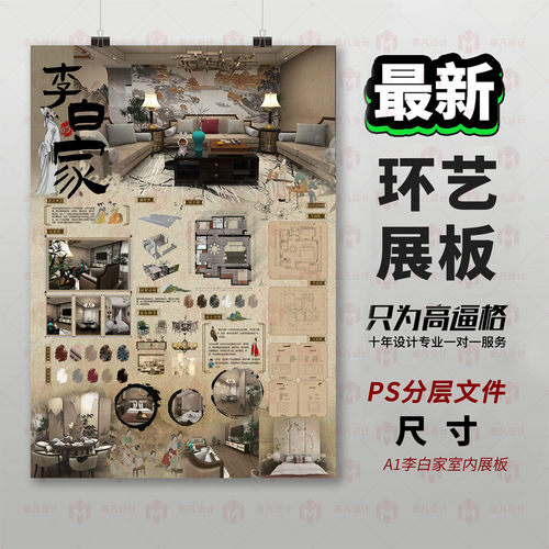 原创中式复古室内设计PS展板模板3D建模展板设计排版模板