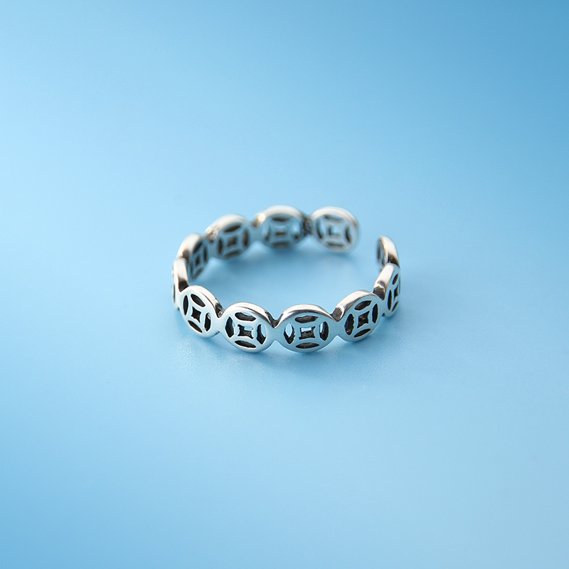 s925纯银铜钱币招财戒指开口气质