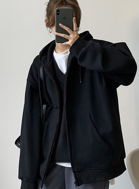 【清仓】黑色连帽卫衣女春秋薄款宽松学生百搭加绒开衫拉链外套