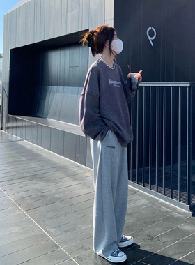 【清仓】灰色休闲运动裤女秋季薄款宽松卫裤高腰直筒阔腿拖地裤子