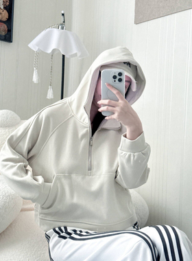 LIL CHER 格雷系半拉链短款卫衣女春秋宽松休闲灰色套头连帽外套