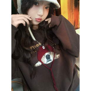 新疆棉一体绒小狗印花钩针刺绣卫衣秋冬上衣 手作Puppy LIL CHER