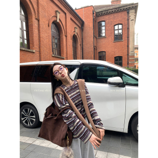 圆领内搭打底衫 LIL T恤女秋季 条纹针织长袖 宽松复古慵懒上衣 CHER