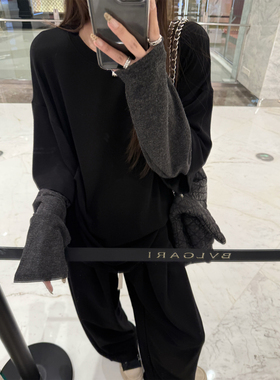 LIL CHER灰漾&复古慵懒感拼接长袖宽松巨显瘦假两件T恤上衣女秋冬
