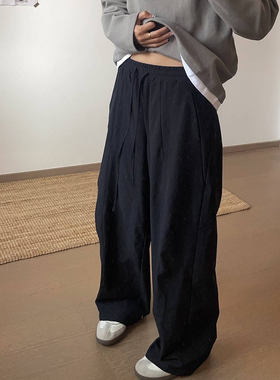 LIL CHER 黑色裤子女呼吸休闲裤夏薄款直筒阔腿宽松设计感弯刀裤