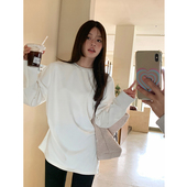 CHER 秋冬白色圆领德绒长袖 t恤女内搭宽松打底衫 LIL 中长款 女上衣