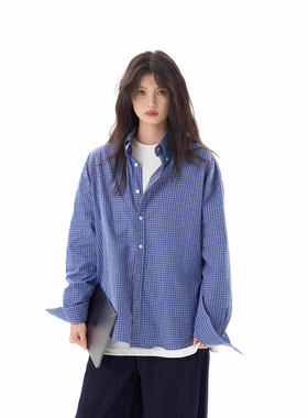 LIL CHER美式蓝色格子衬衫长袖男女高级感休闲宽松情侣衬衣外套