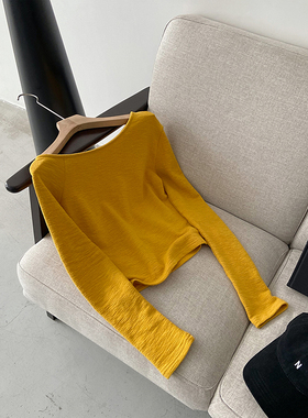 LIL CHER 黄色斜肩长袖t恤女春秋季可外穿修身内搭打底衫露肩上衣