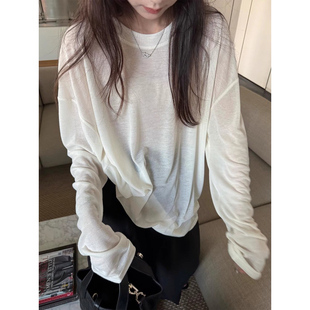 LIL 上衣女纯色 CHER水肌面膜T恤80%天丝柔软圆领宽松显瘦防晒长袖