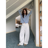 CHER 女宽松休闲香蕉裤 出境裤 LIL 王 白色立体裁弯刀牛仔裤 长裤