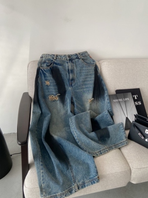 裤子春秋薄款阔腿裤宽松牛仔裤女