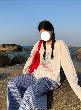 LIL CHER 白色印花防晒长袖t恤女夏季韩版宽松竹节纱慵懒罩衫上衣