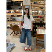 CHER 直筒百搭中裤 复古蓝牛仔裤 夏季 LIL 宽松阔腿裤 女七分裤 新款