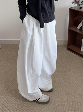 LIL CHER 春秋白色休闲裤子皱感尼龙棉挺括有型立体阔腿裤杨桃裤