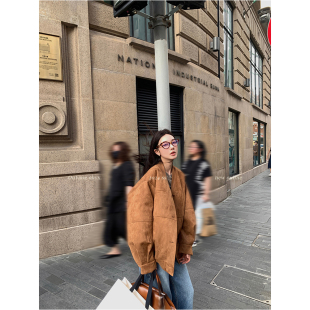 【清仓】麂皮棒球服外套女春秋新款宽松美式复古休闲V领夹克上衣