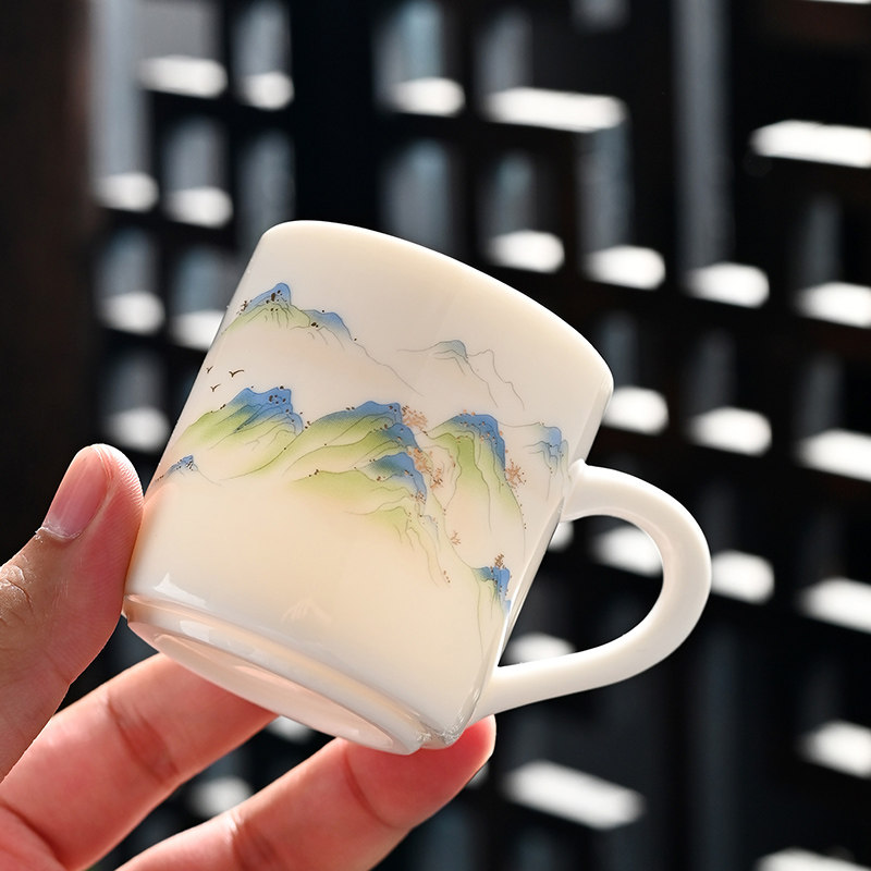 羊脂玉手把杯家用山水泡茶小杯子一口杯小酒杯普洱红茶杯定制logo