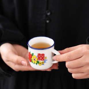 复古陶瓷杯老式 怀旧7080年代老干部茶缸泡茶杯子双喜一壶六杯 经典