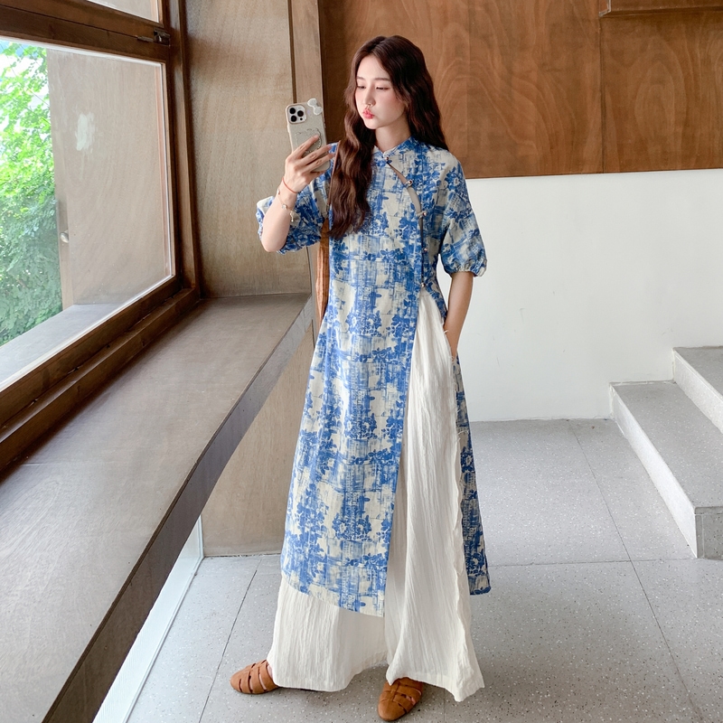 新中式国风碎花连衣裙阔腿裤套装女夏2025新款大方得体穿搭两件套