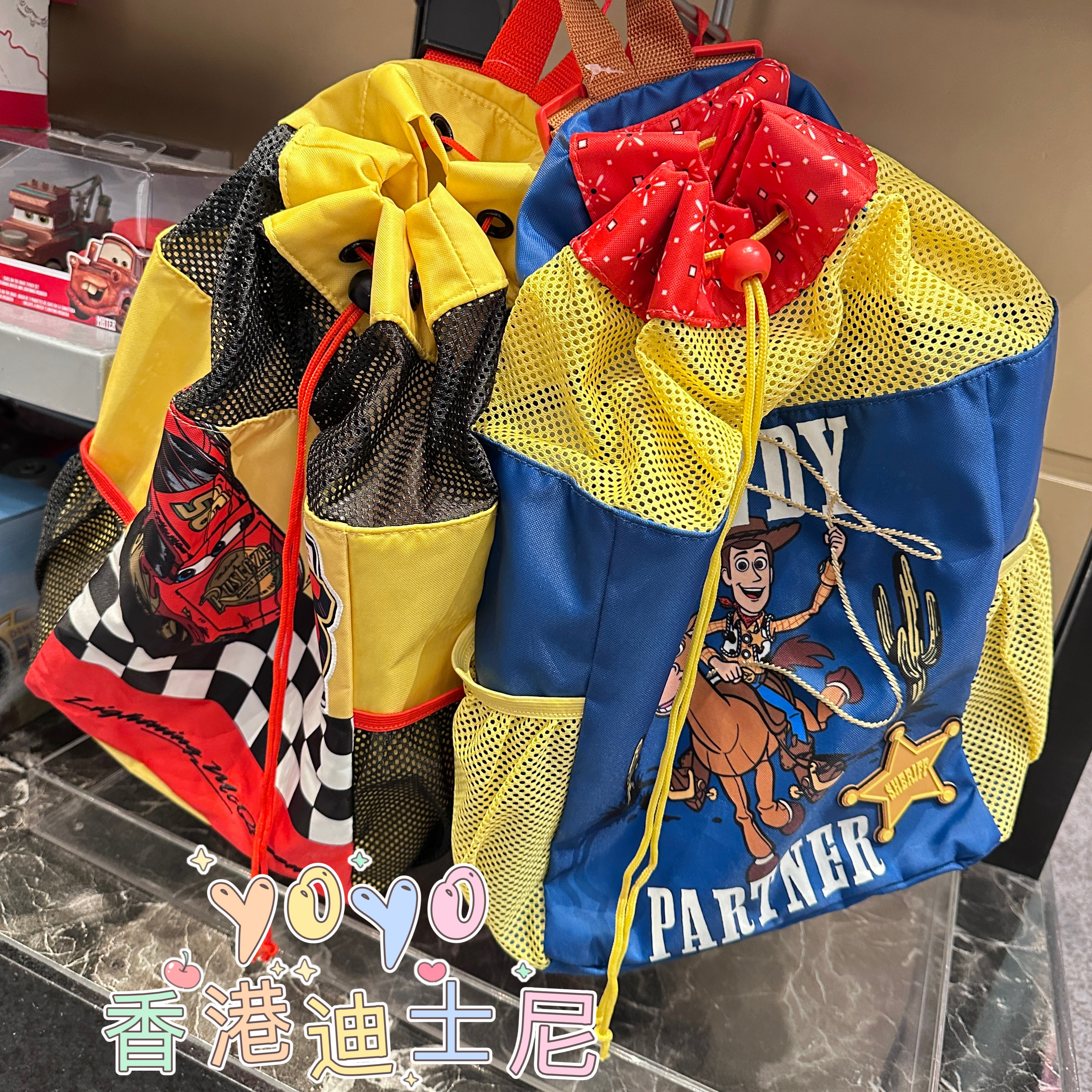 香港迪士尼乐园胡迪闪电麦昆卡通动漫抽绳双肩游泳包防水书包