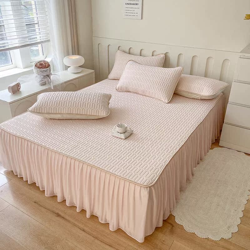 公主风夏季乳胶凉席床裙三件套纯色少女粉可水洗冰丝席床单一米二