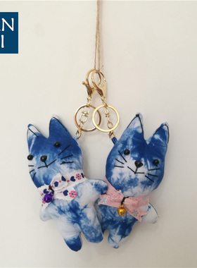 蓝染钥匙扣挂件小猫咪民族风工艺品云南大理白族手工扎染布艺公仔