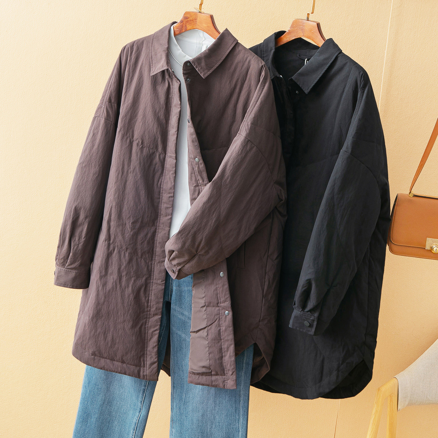 蛮文 岛国单 好穿还遮肉 弧形下摆中长款衬衫领羽绒服外套女56245